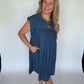 Smocked-Yoke Babydoll Denim Dress, Blue