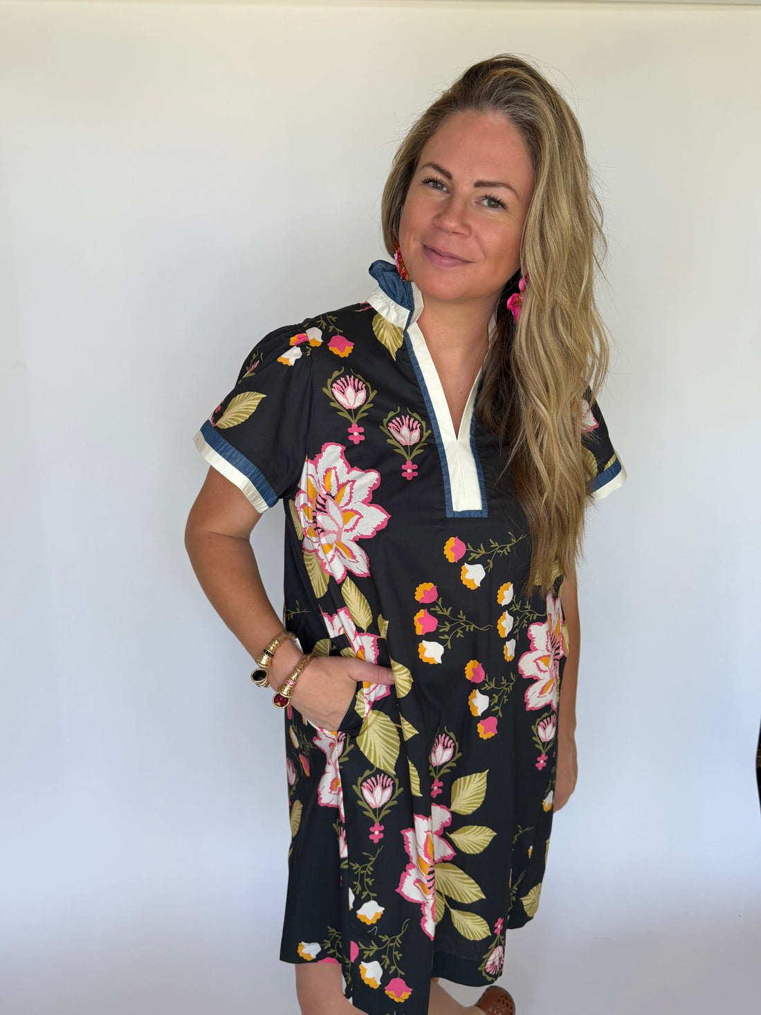 Floral Shift Dress, Black