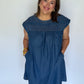 Smocked-Yoke Babydoll Denim Dress, Blue