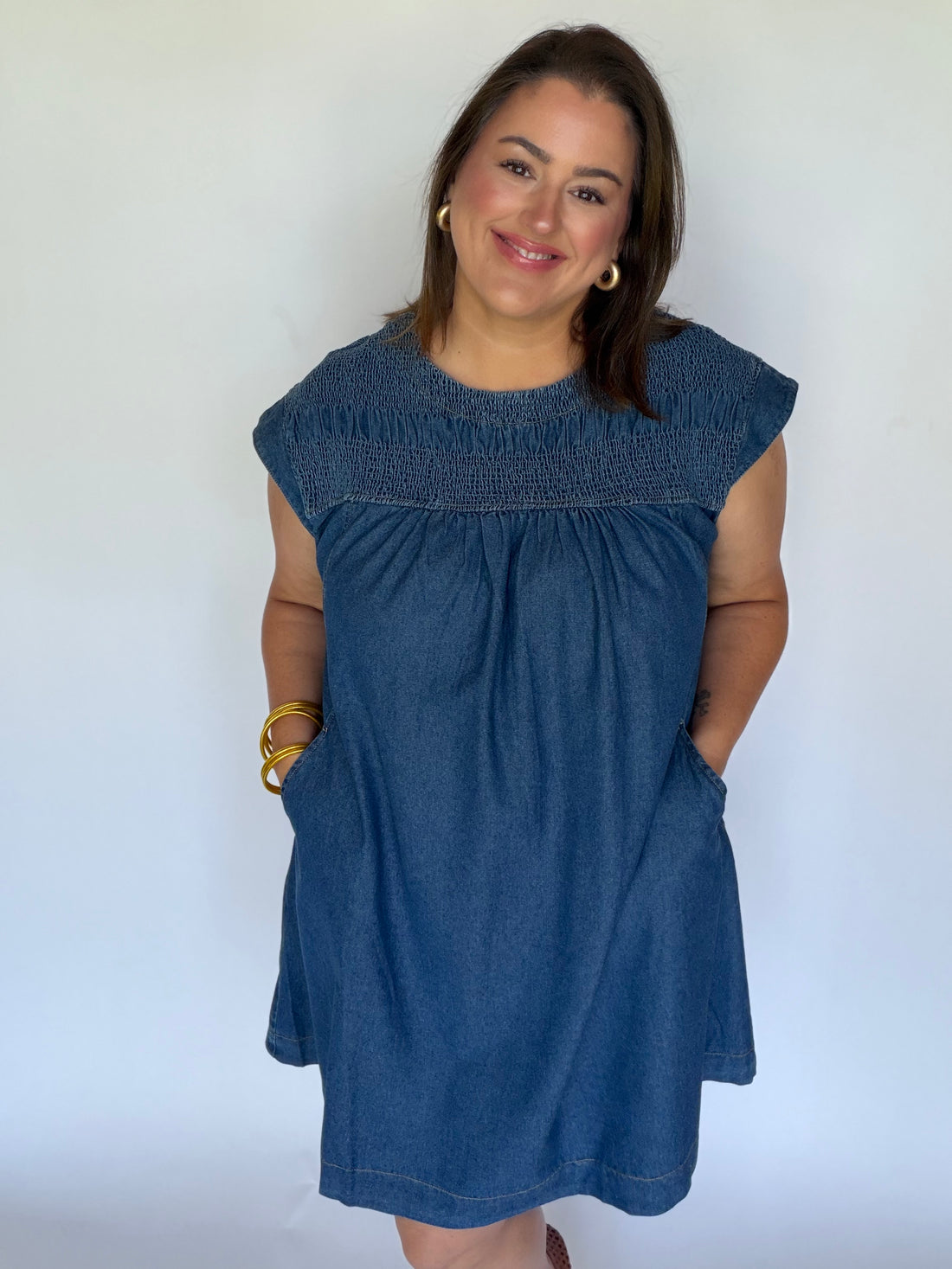 Smocked-Yoke Babydoll Denim Dress, Blue