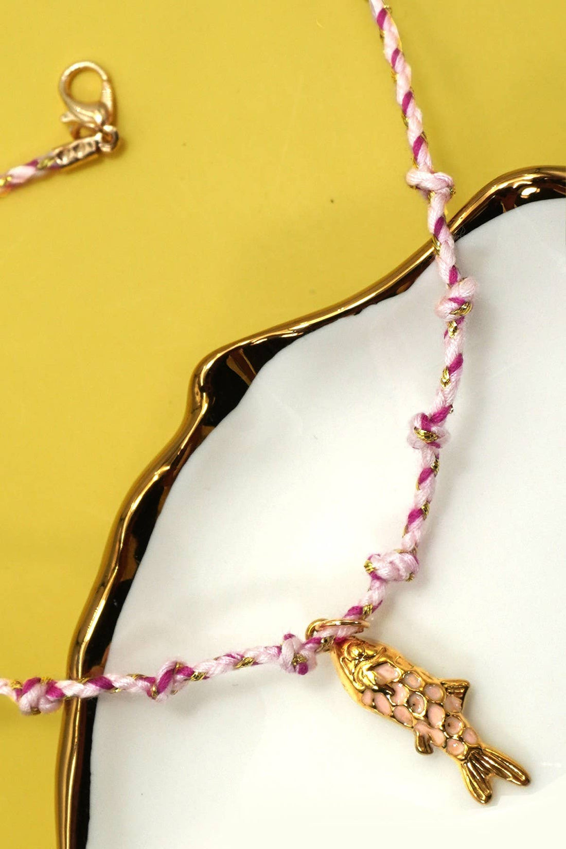 Fuchsia 18K Gold Fish Charm Cotton Rope Necklace