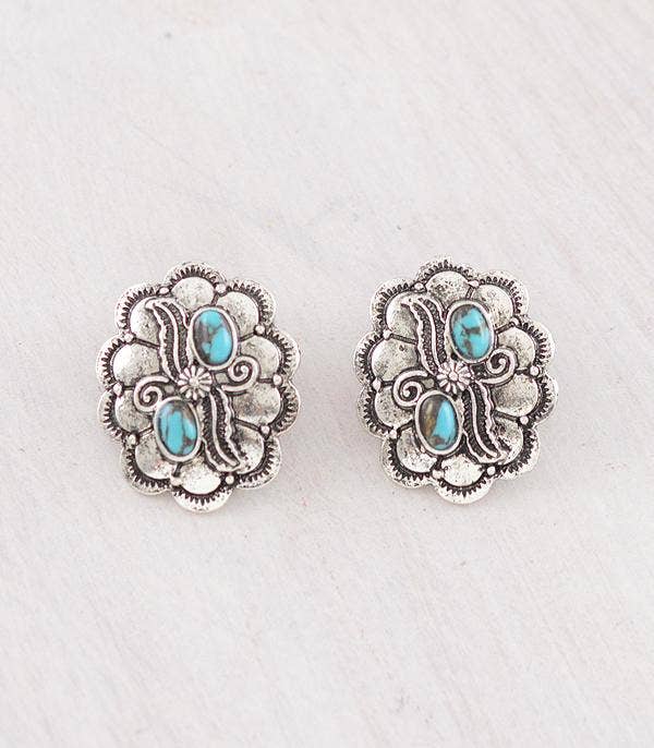 Turquoise Concho Earrings – Western Semi-Stone Silver Stud Earrings
