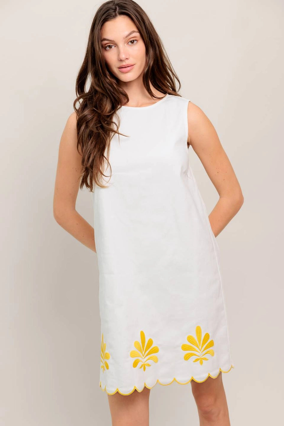 Sunny Side Dress | White Embroidered Scallop Hem Shift Dress