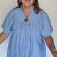 Women's Blue Pinstripe Puff Sleeve Dress | The Gussied Goose Boutique