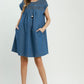 Smocked-Yoke Babydoll Denim Dress, Blue