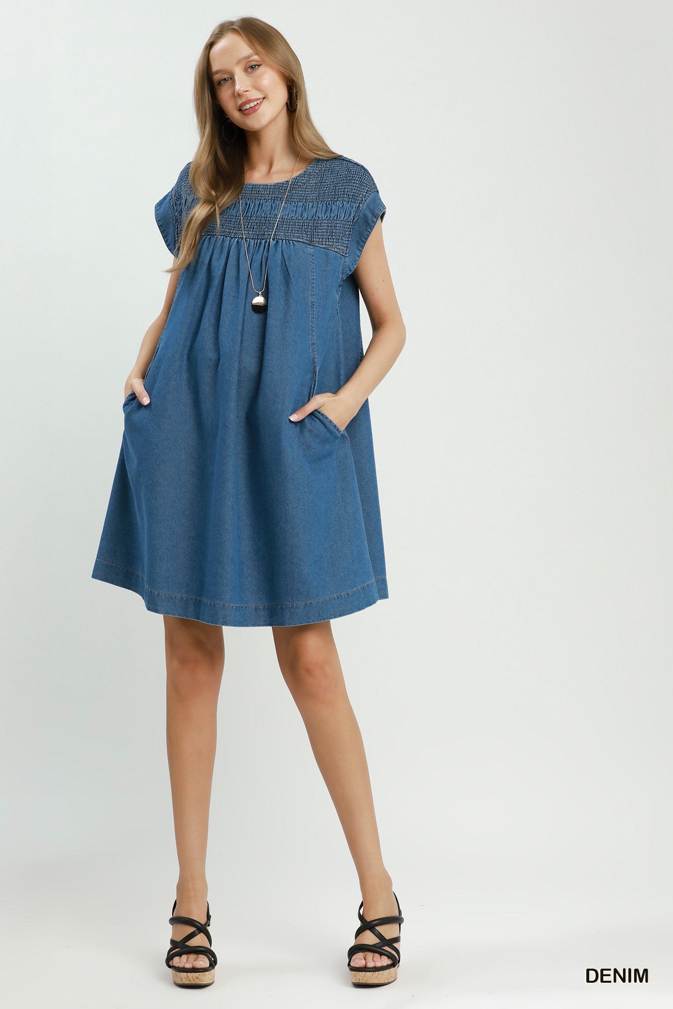 Smocked-Yoke Babydoll Denim Dress, Blue