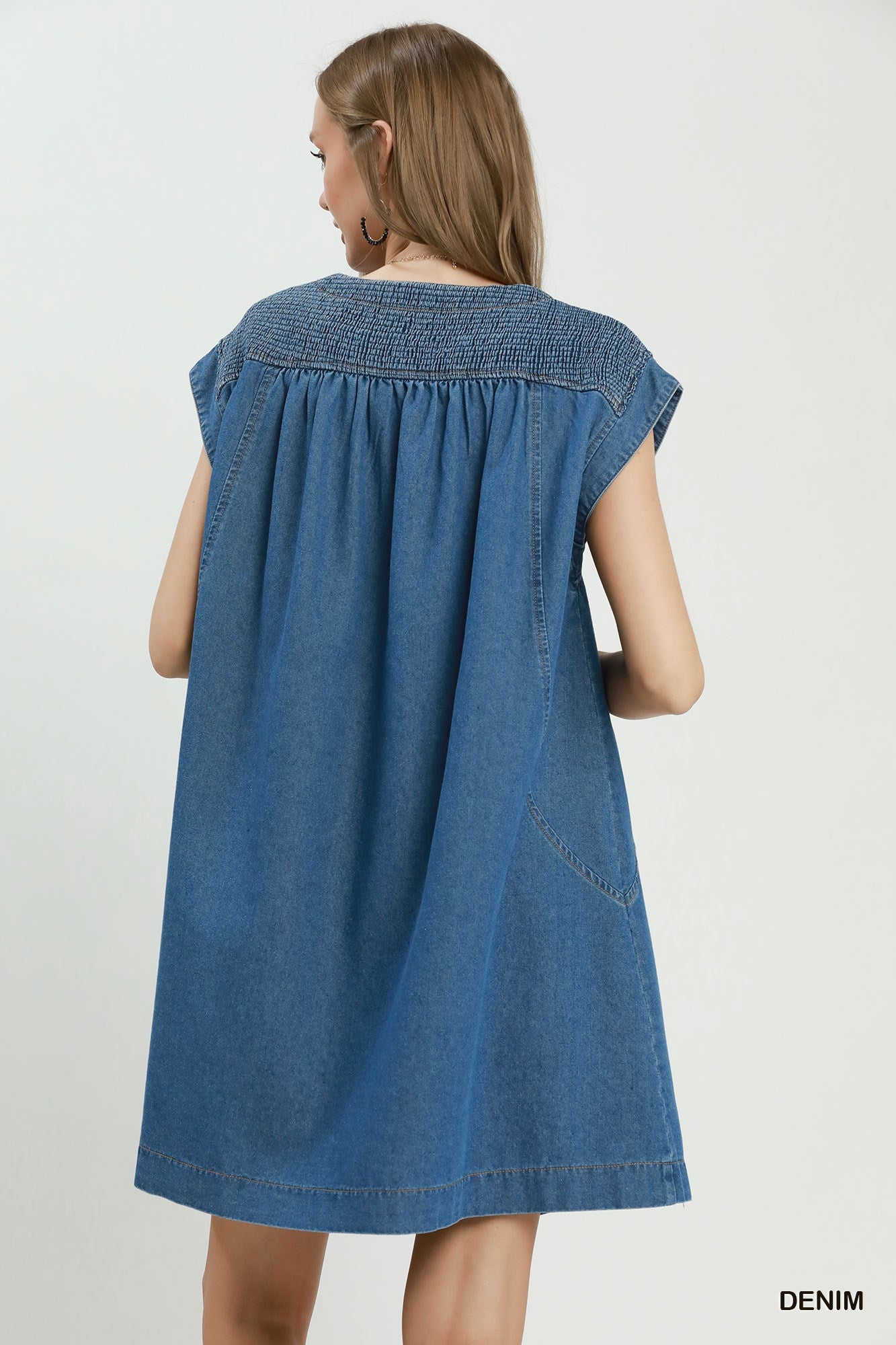 Smocked-Yoke Babydoll Denim Dress, Blue